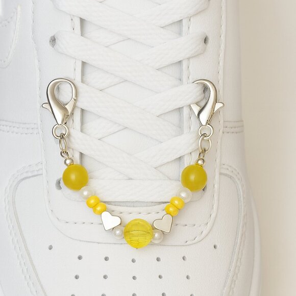 Yellow Beaded Shoe Charm with Silver Heart Accents — Single Clip-On Sneaker Acce - Picture 1 of 3